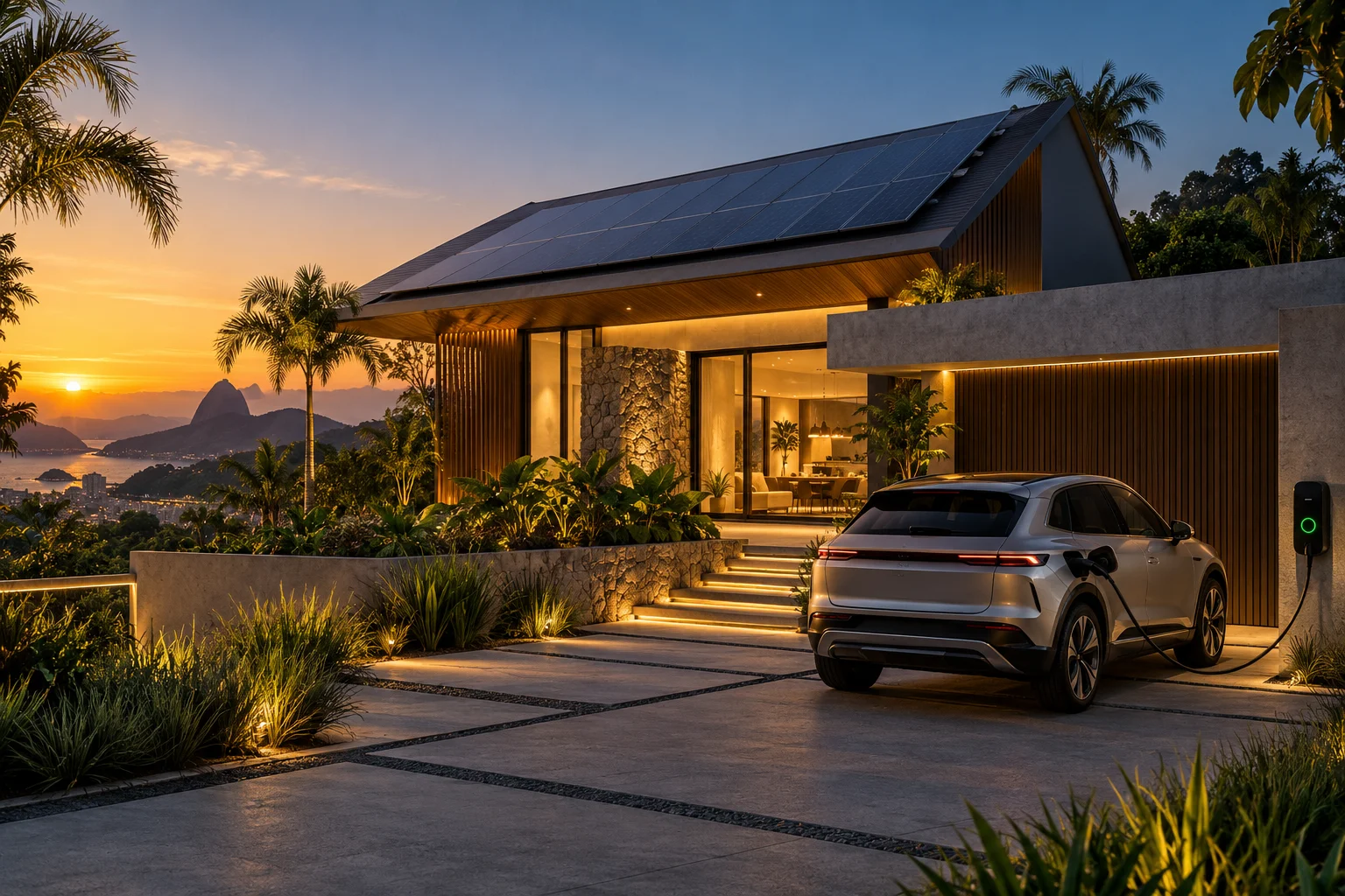 Imagem conceitual de residência com painéis solares e carro em recarga